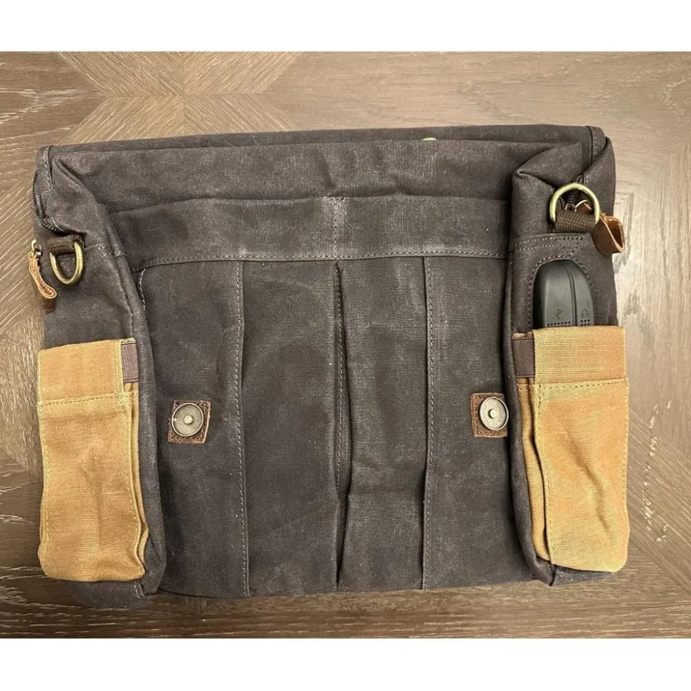 Men's Dark Grey Genuine Leather Canvas Water Resistant Satchel Shoulder Bag